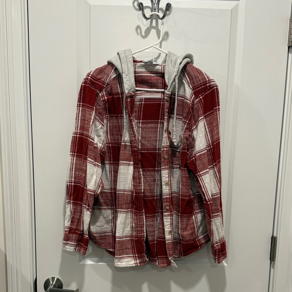 Red and White Plaid Hooded Shirt